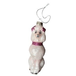Vintage Poodle Christmas tree ornament, Blown Glass White/Pink Sparkle Dog Puppy